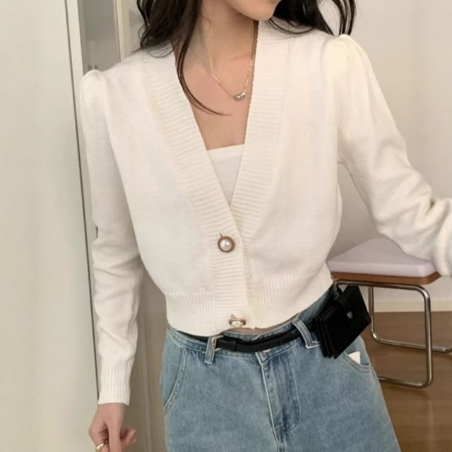 V-Neck Plain Faux Pearl Buttoned Crop Cardigan