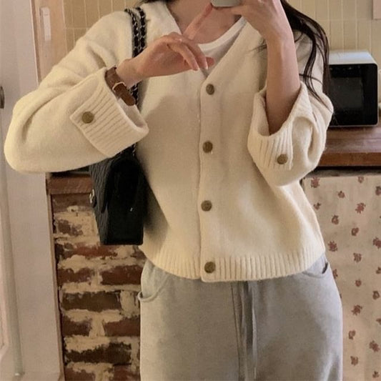 V-Neck Button-Up Plain Cardigan