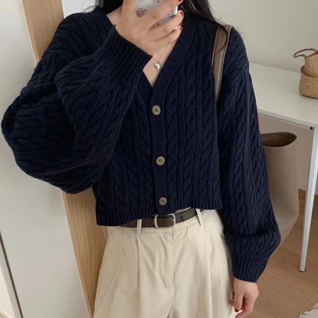 V-Neck Button-Up Plain Cable Knit Crop Cardigan