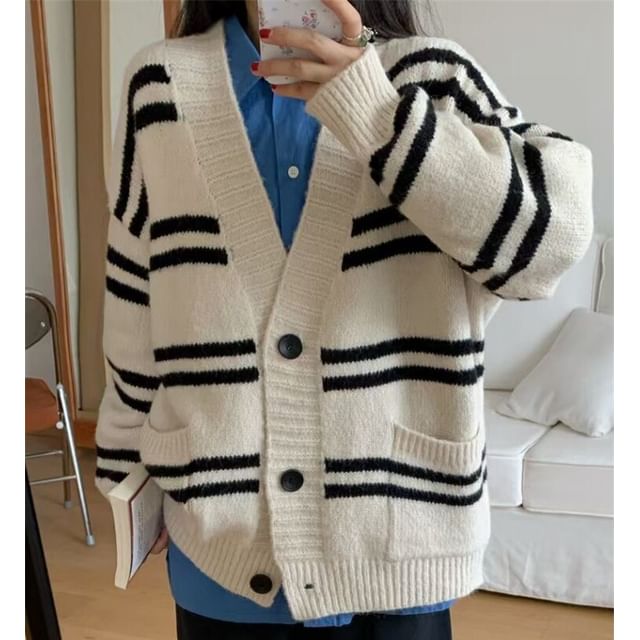 V-Neck Striped Button-Up Cardigan
