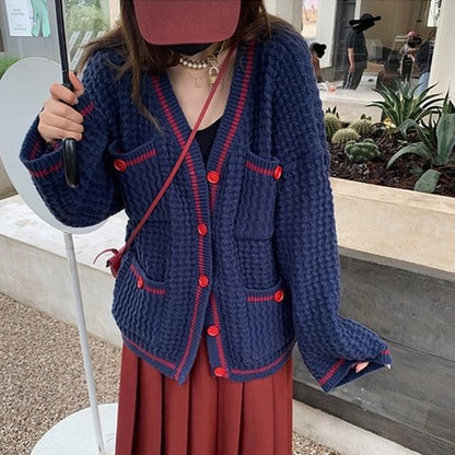 V-Neck Contrast Trim Button-Up Cardigan