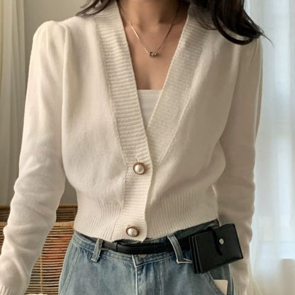 V-Neck Plain Faux Pearl Buttoned Crop Cardigan