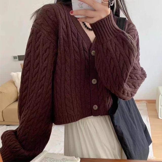 V-Neck Button-Up Plain Cable Knit Crop Cardigan