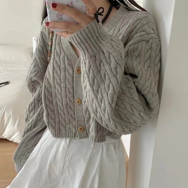 V-Neck Button-Up Plain Cable Knit Crop Cardigan