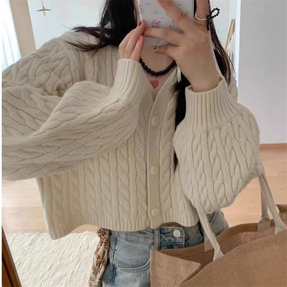 V-Neck Button-Up Plain Cable Knit Crop Cardigan
