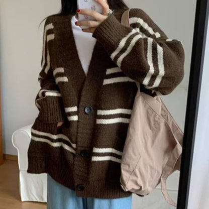 V-Neck Striped Button-Up Cardigan
