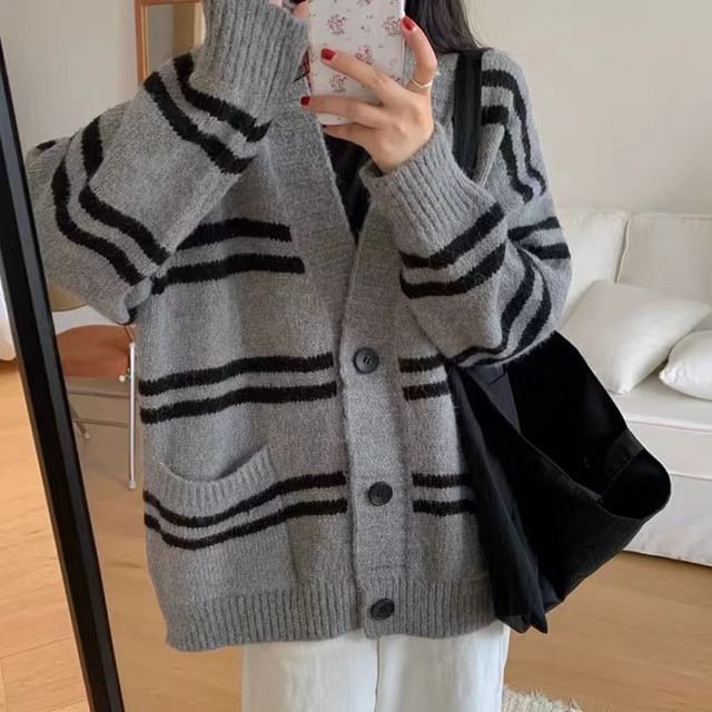 V-Neck Striped Button-Up Cardigan