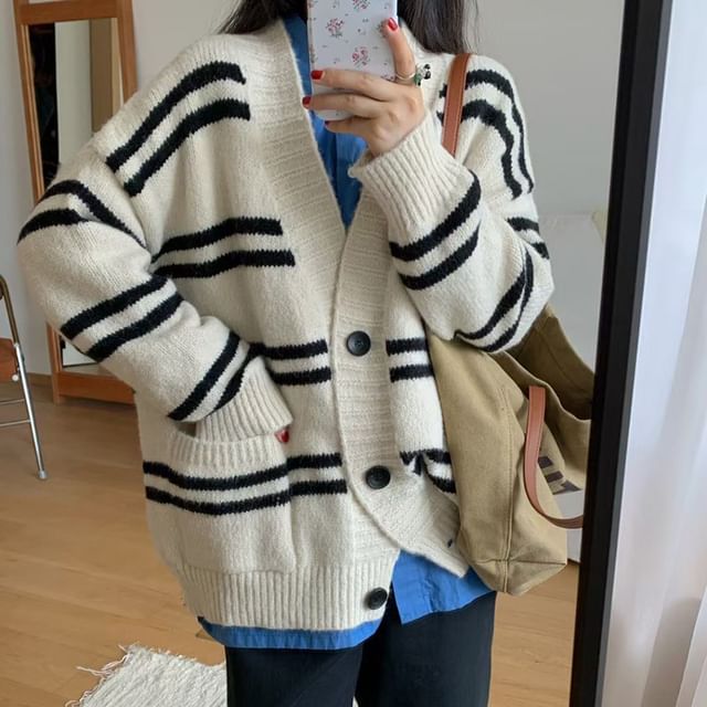 V-Neck Striped Button-Up Cardigan