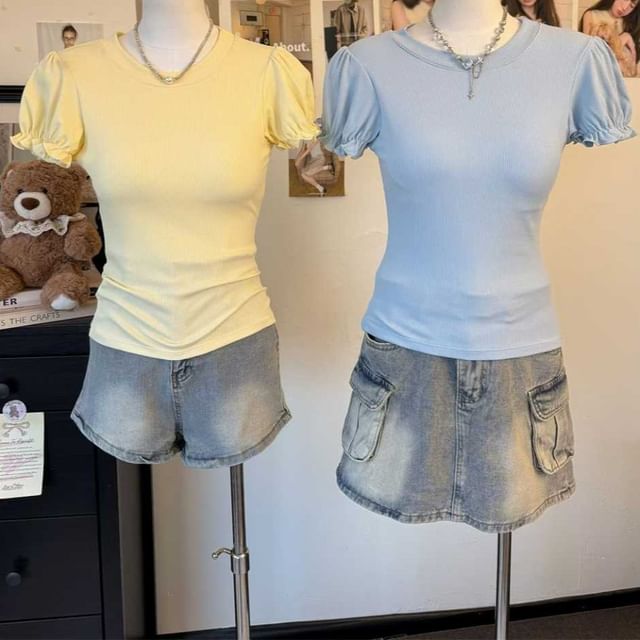 Plain Ribbed Padded Round-Neck Short-Sleeved Cropped Tee