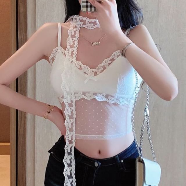 Dotted Mesh Lace V-Neck Cropped Cami Set with Skinny Scarf