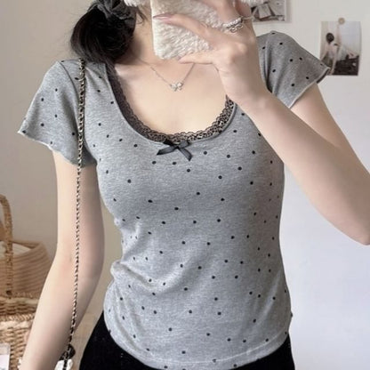Dotted Lace-Trim Scoop-Neck Slim Cropped Short-Sleeved Tee