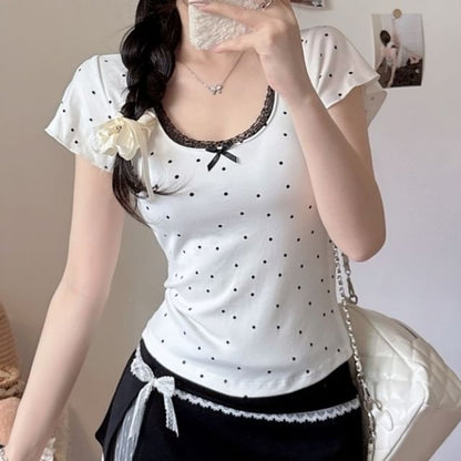 Dotted Lace-Trim Scoop-Neck Slim Cropped Short-Sleeved Tee