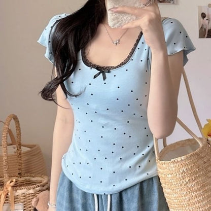 Dotted Lace-Trim Scoop-Neck Slim Cropped Short-Sleeved Tee