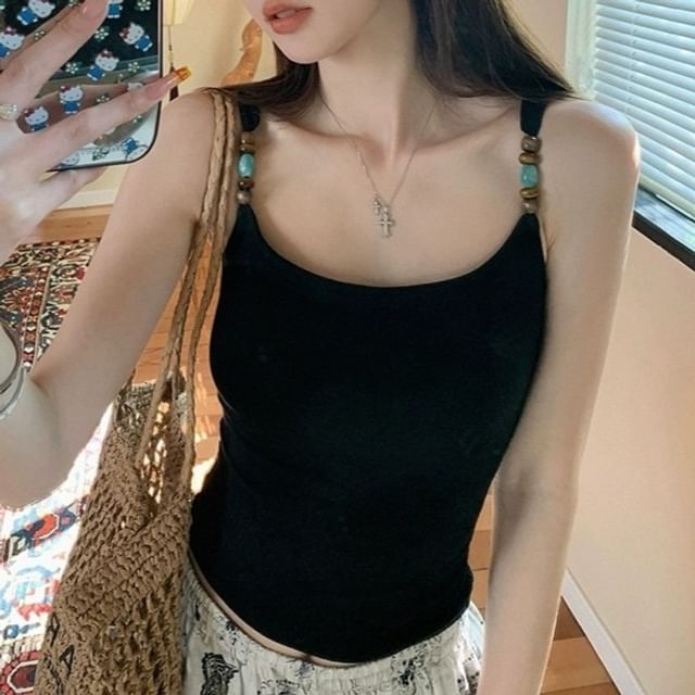 Plain Beaded Padded Scoop-Neck Cropped Tank