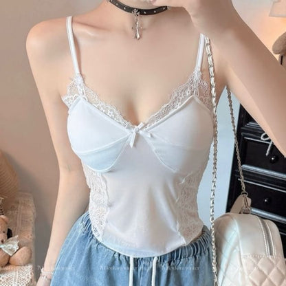 Lace-Paneled Padded Sheer V-Neck Cropped Camisole