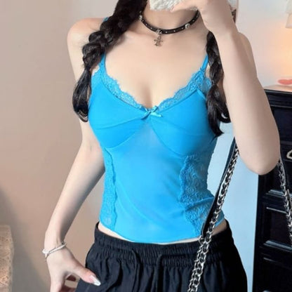Lace-Paneled Padded Sheer V-Neck Cropped Camisole