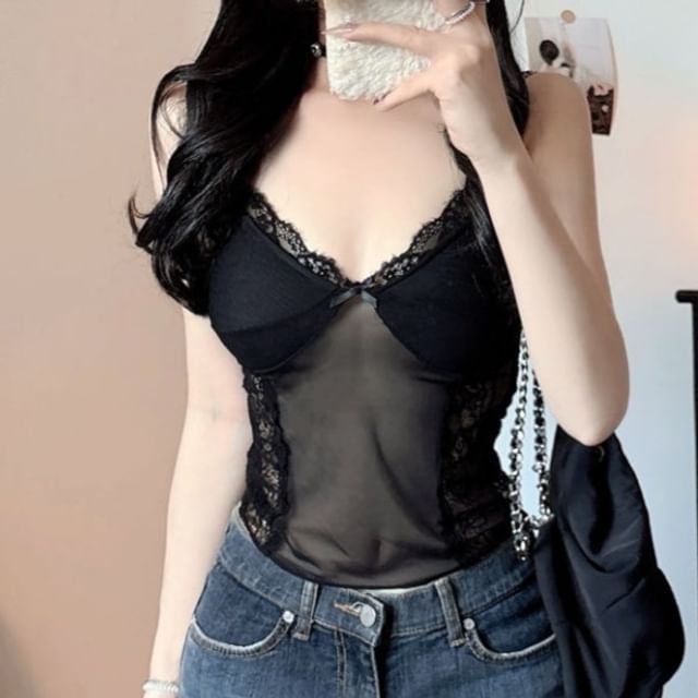 Lace-Paneled Padded Sheer V-Neck Cropped Camisole