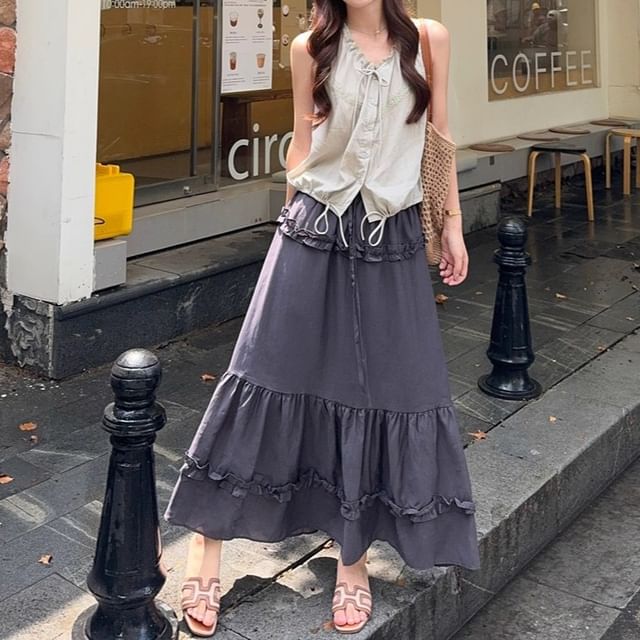 V-Neck Frill Drawstring Sleeveless Top & Ruffle Maxi Skirt