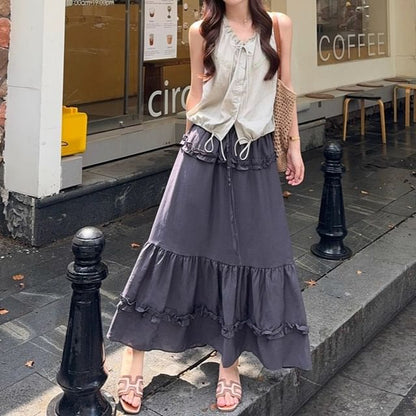 V-Neck Frill Drawstring Sleeveless Top & Ruffle Maxi Skirt