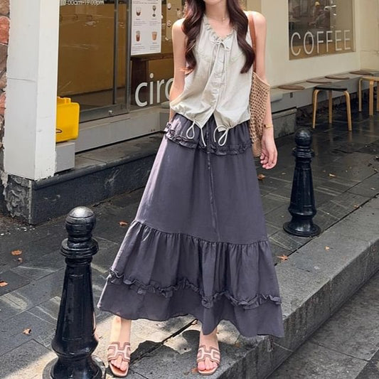 V-Neck Frill Drawstring Sleeveless Top & Ruffle Maxi Skirt