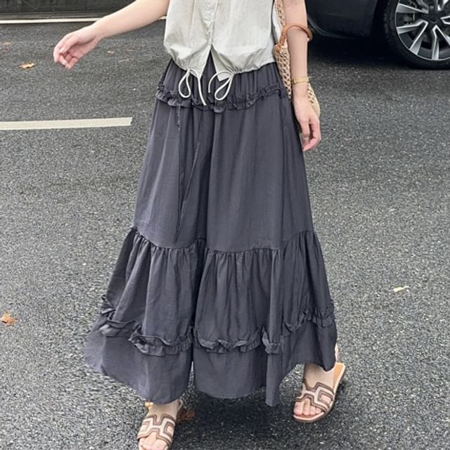 V-Neck Frill Drawstring Sleeveless Top & Ruffle Maxi Skirt
