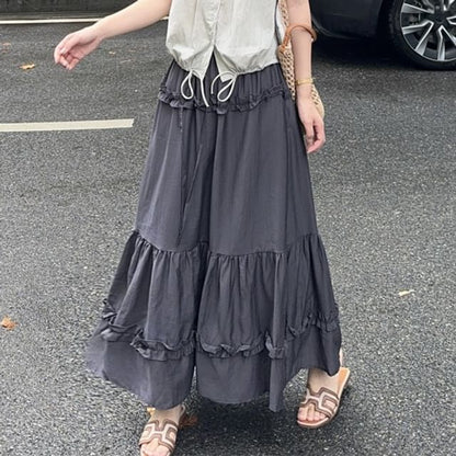 V-Neck Frill Drawstring Sleeveless Top & Ruffle Maxi Skirt