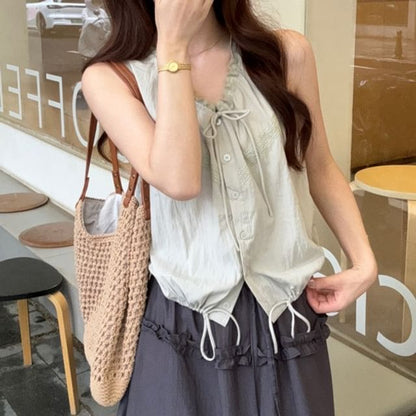 V-Neck Frill Drawstring Sleeveless Top & Ruffle Maxi Skirt