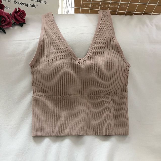 Plain Ribbed Padded V-Neck Tank