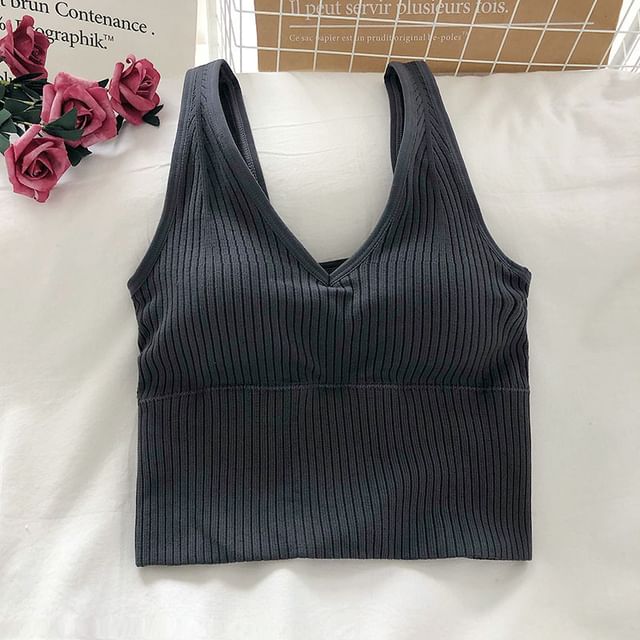 Plain Ribbed Padded V-Neck Tank