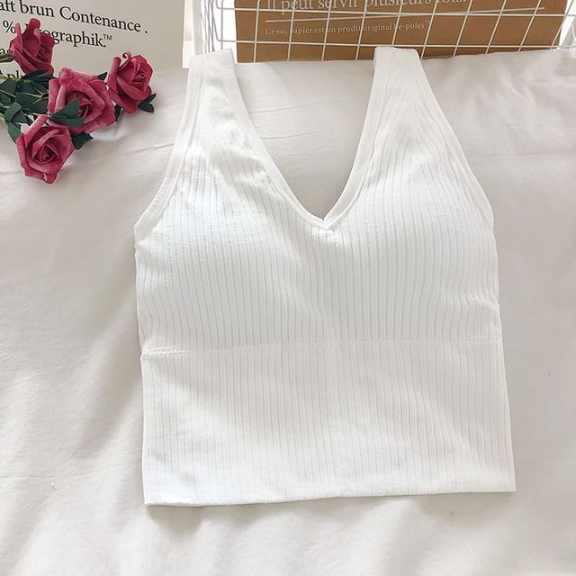 Plain Ribbed Padded V-Neck Tank