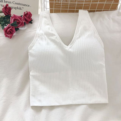 Plain Ribbed Padded V-Neck Tank