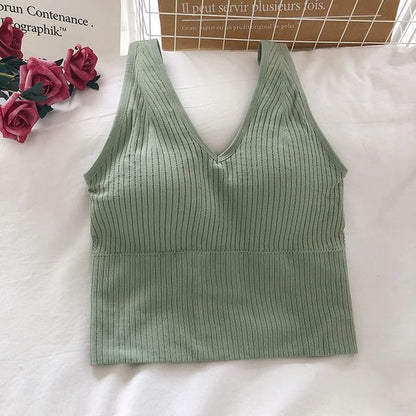 Plain Ribbed Padded V-Neck Tank
