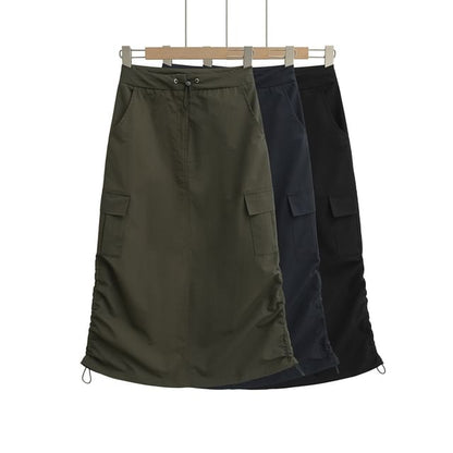 Drawstring Midi Pencil Cargo Skirt