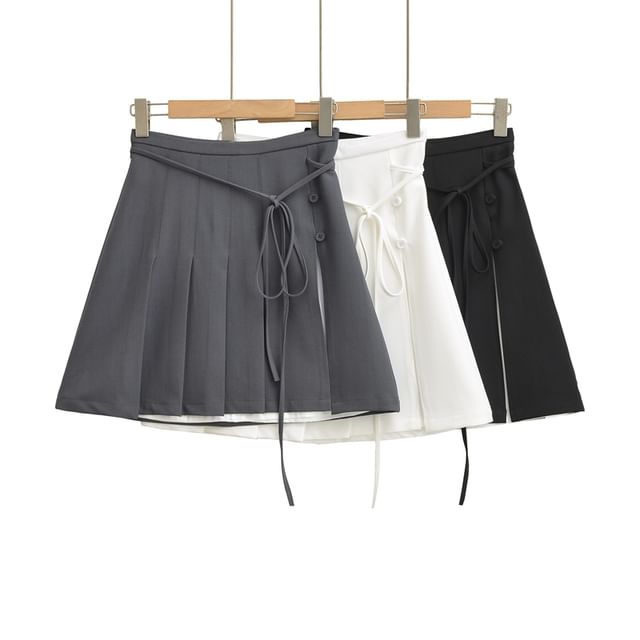 Pleated Tie-Up Slit Panel Mini Skirt