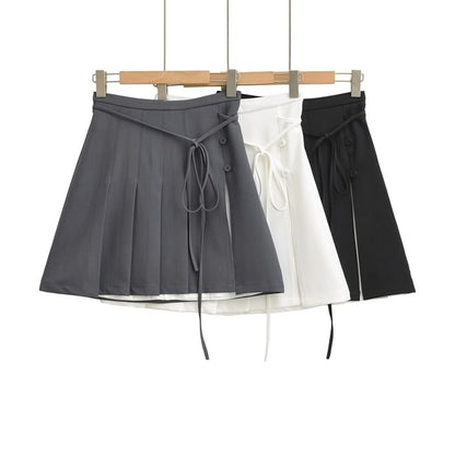 Pleated Tie-Up Slit Panel Mini Skirt