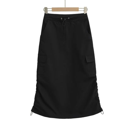 Drawstring Midi Pencil Cargo Skirt
