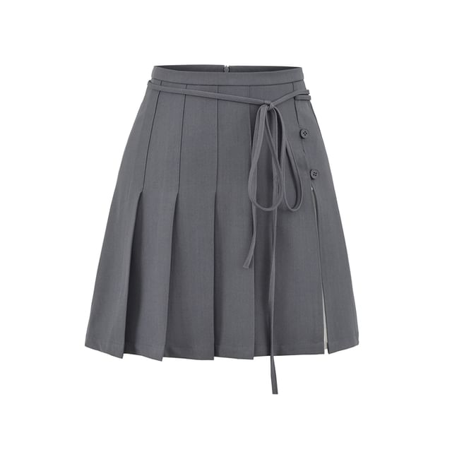 Pleated Tie-Up Slit Panel Mini Skirt