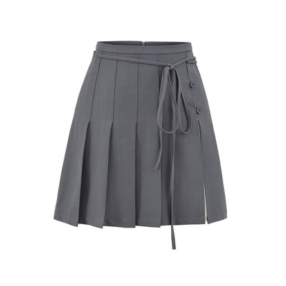 Pleated Tie-Up Slit Panel Mini Skirt