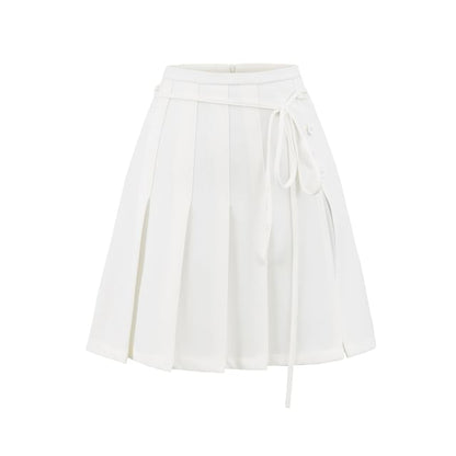 Pleated Tie-Up Slit Panel Mini Skirt