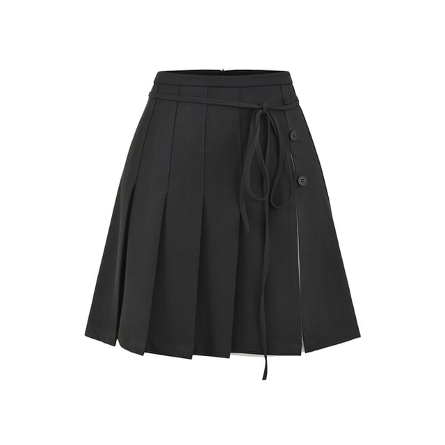 Pleated Tie-Up Slit Panel Mini Skirt