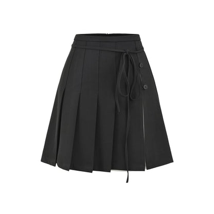Pleated Tie-Up Slit Panel Mini Skirt