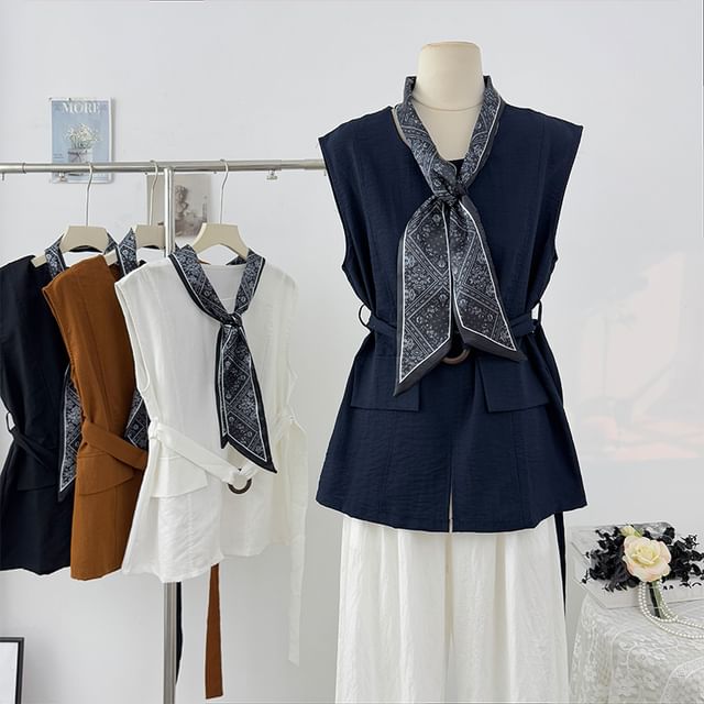 Plain Slit Sleeveless Round-Neck Blouse Set with Belt & Scarf
