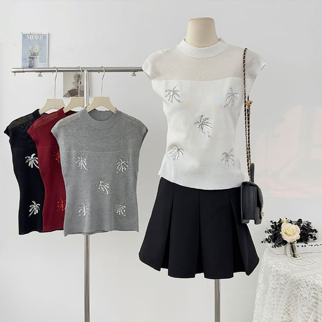 Sequin Sheer Mock-Neck Slim Knit Sleeveless Top