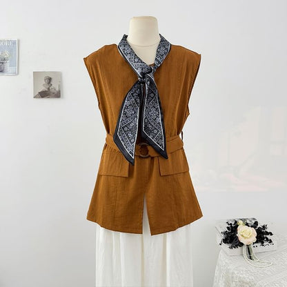 Plain Slit Sleeveless Round-Neck Blouse Set with Belt & Scarf