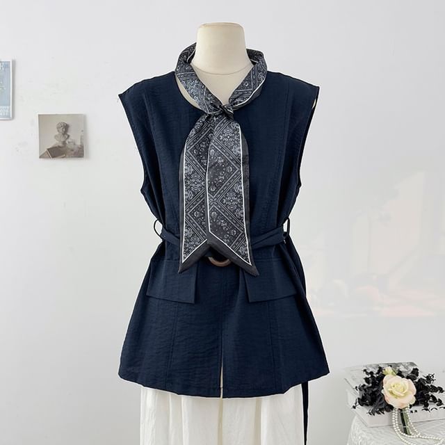 Plain Slit Sleeveless Round-Neck Blouse Set with Belt & Scarf