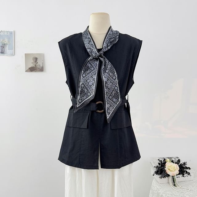 Plain Slit Sleeveless Round-Neck Blouse Set with Belt & Scarf