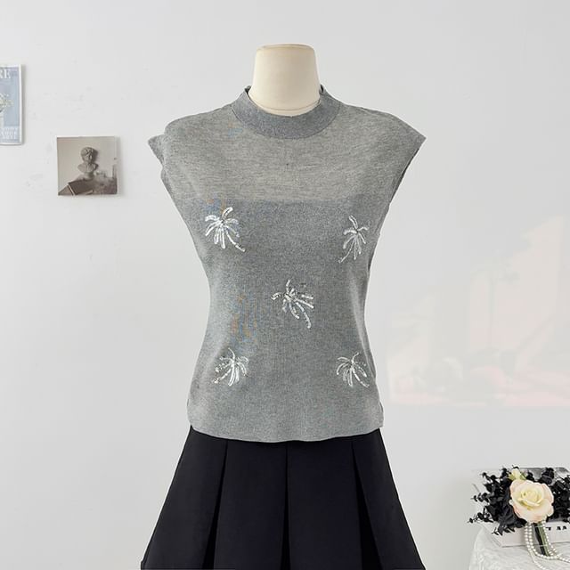 Sequin Sheer Mock-Neck Slim Knit Sleeveless Top