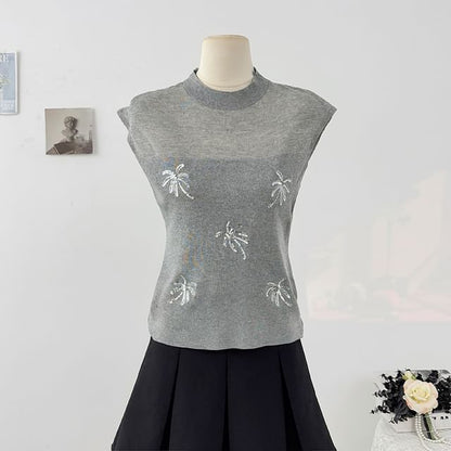 Sequin Sheer Mock-Neck Slim Knit Sleeveless Top