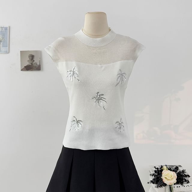 Sequin Sheer Mock-Neck Slim Knit Sleeveless Top