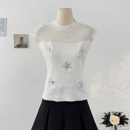 Sequin Sheer Mock-Neck Slim Knit Sleeveless Top